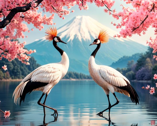Cranes by Lake Surrounded by Cherry Blossoms and Mountains