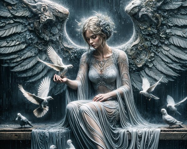 Serene figure in shimmering gown with majestic wings