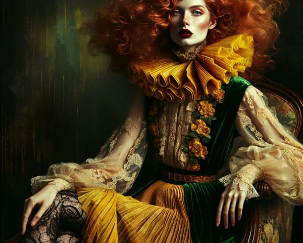 Elegant Woman in Vintage Chair with Dramatic Outfit