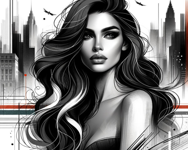 Black-and-white illustration of a confident woman in cityscape