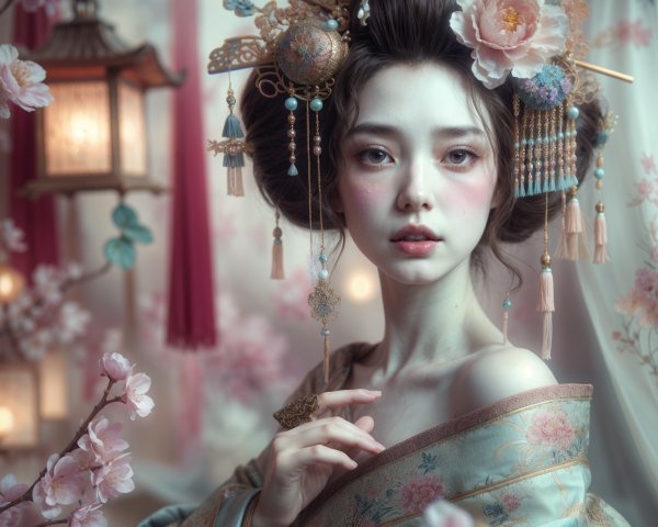 Young Woman in Kimono with Floral Patterns and Lanterns