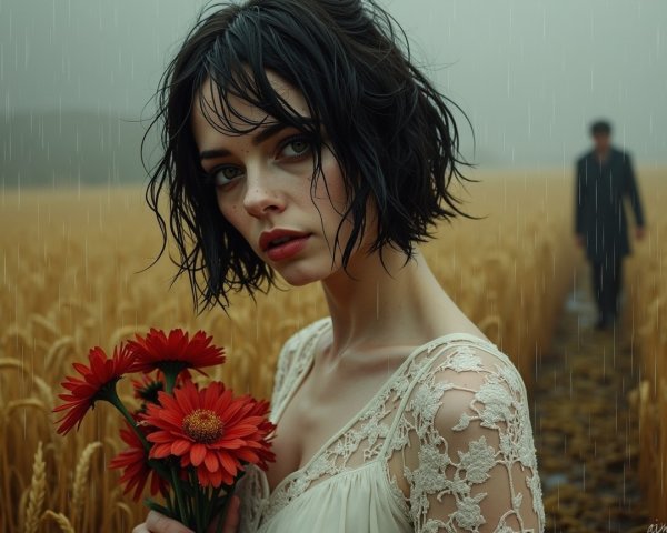 Young Woman in Wheat Field with Red Gerbera Daisies