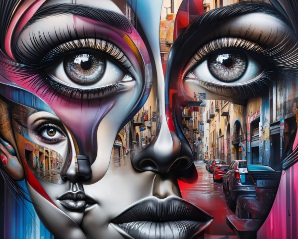 Vibrant mural with human faces and abstract elements