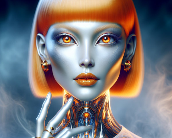 Futuristic humanoid figure with metallic features and orange hair