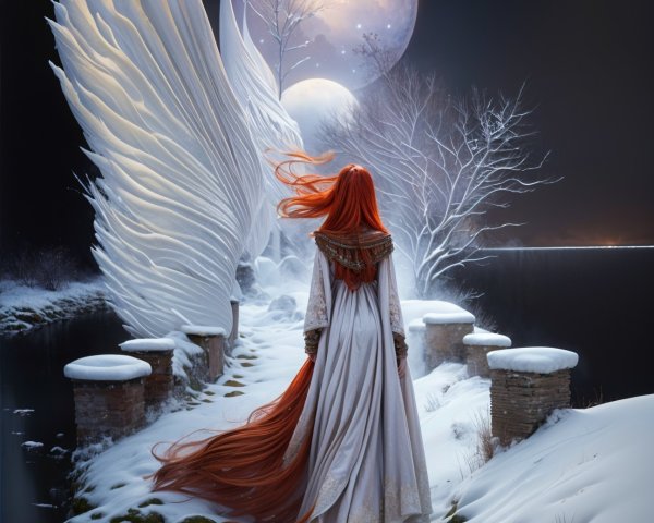 Ethereal figure in white gown on snowy path with wings