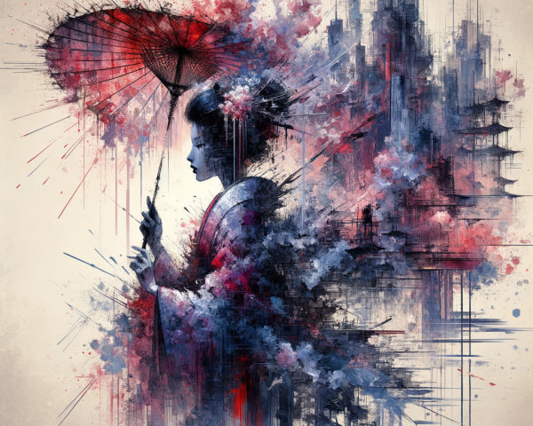 Silhouette of Woman in Traditional Attire with Parasol