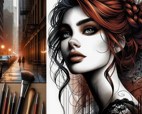 Split-Panel Artwork with Cityscape and Portrait Details