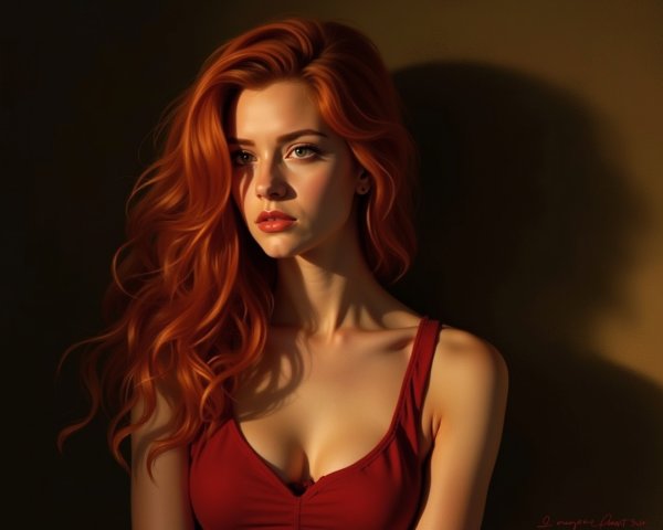 Young woman with red hair and green eyes in soft light