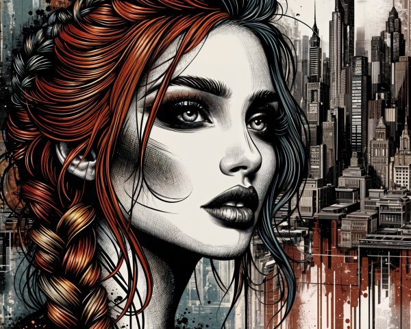 Portrait of a Woman with Braided Hair and Urban Skyline