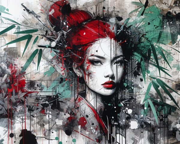 Portrait of a Woman with Red Hair and Abstract Elements