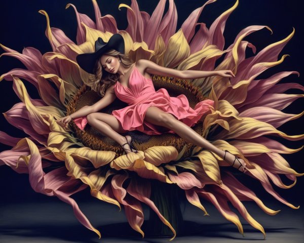Woman in Pink Dress Reclining in Sunflower Scene