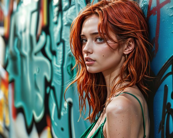 Young Woman with Red Hair Against Graffiti Wall