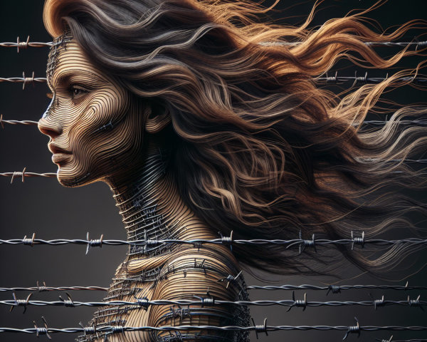Stylized Female Figure Behind Barbed Wire with Metal Hair