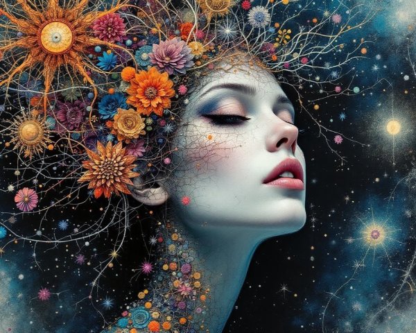 Ethereal Woman Surrounded by Flowers and Cosmic Elements