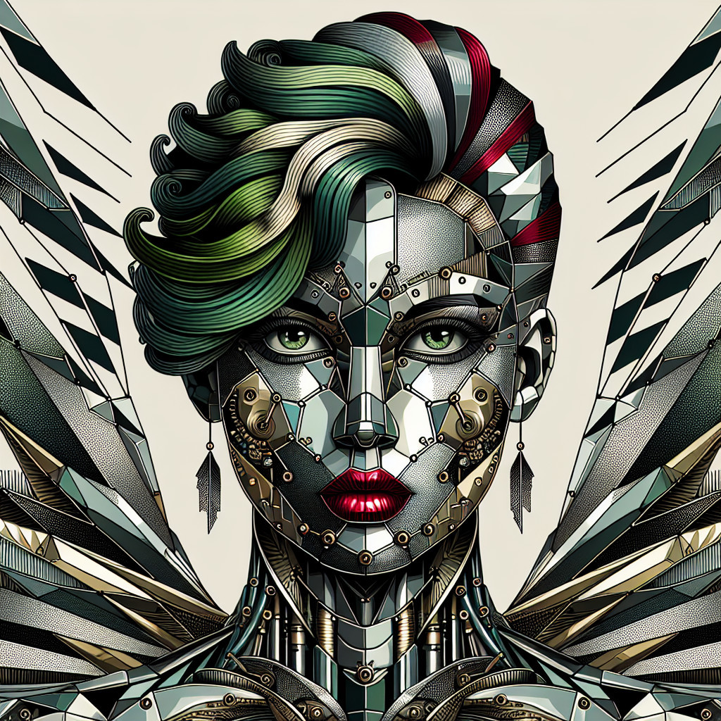 Robot-like female figure with metallic face design