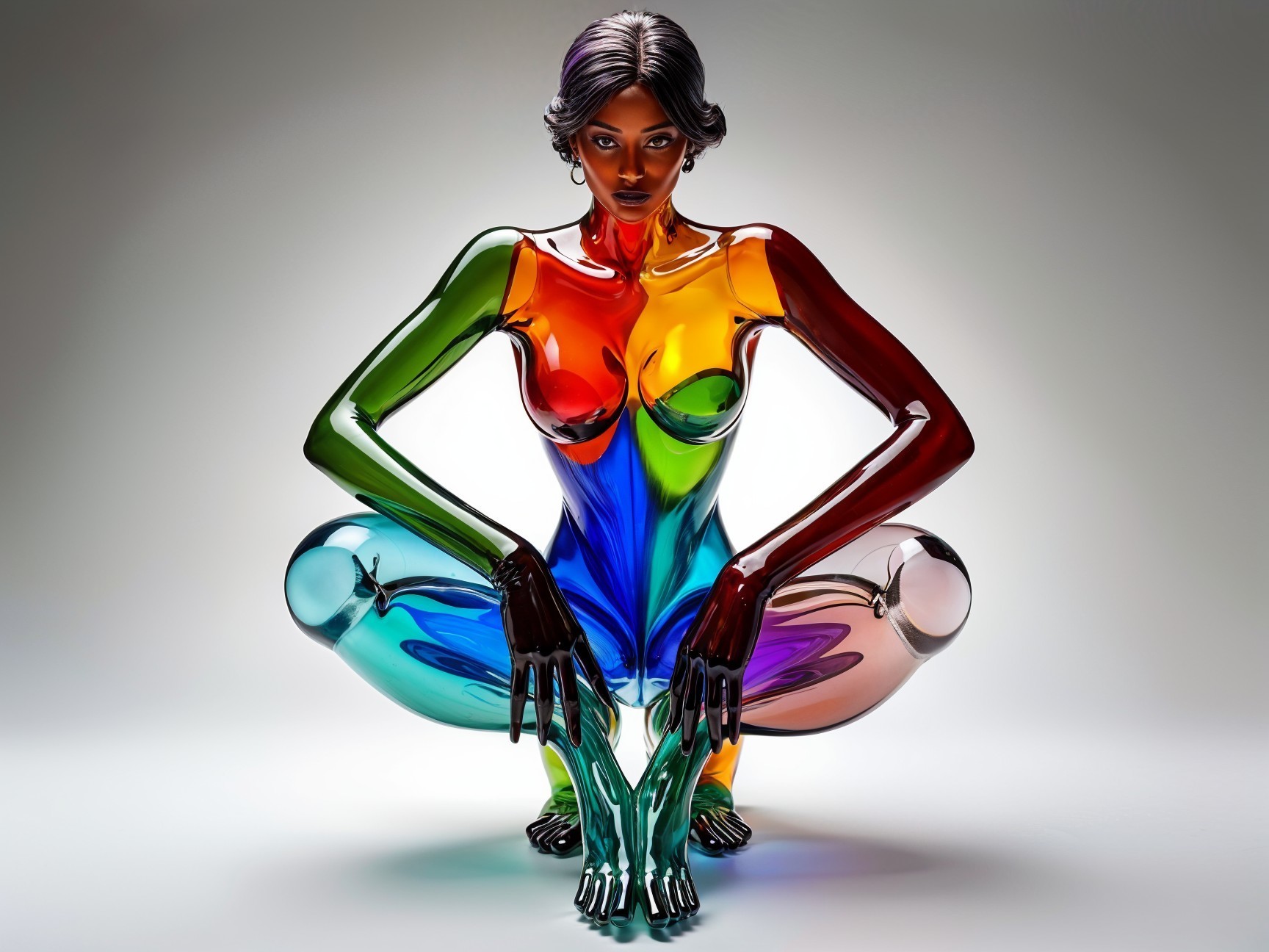 Stylized Transparent Humanoid Sculpture in Rainbow Colors