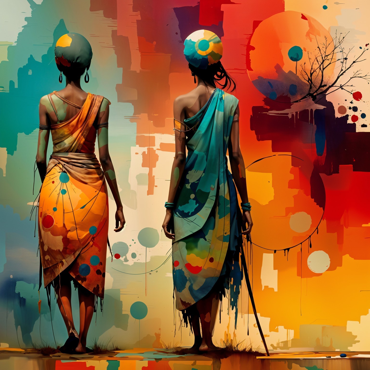 Two women in colorful patterned garments walking away