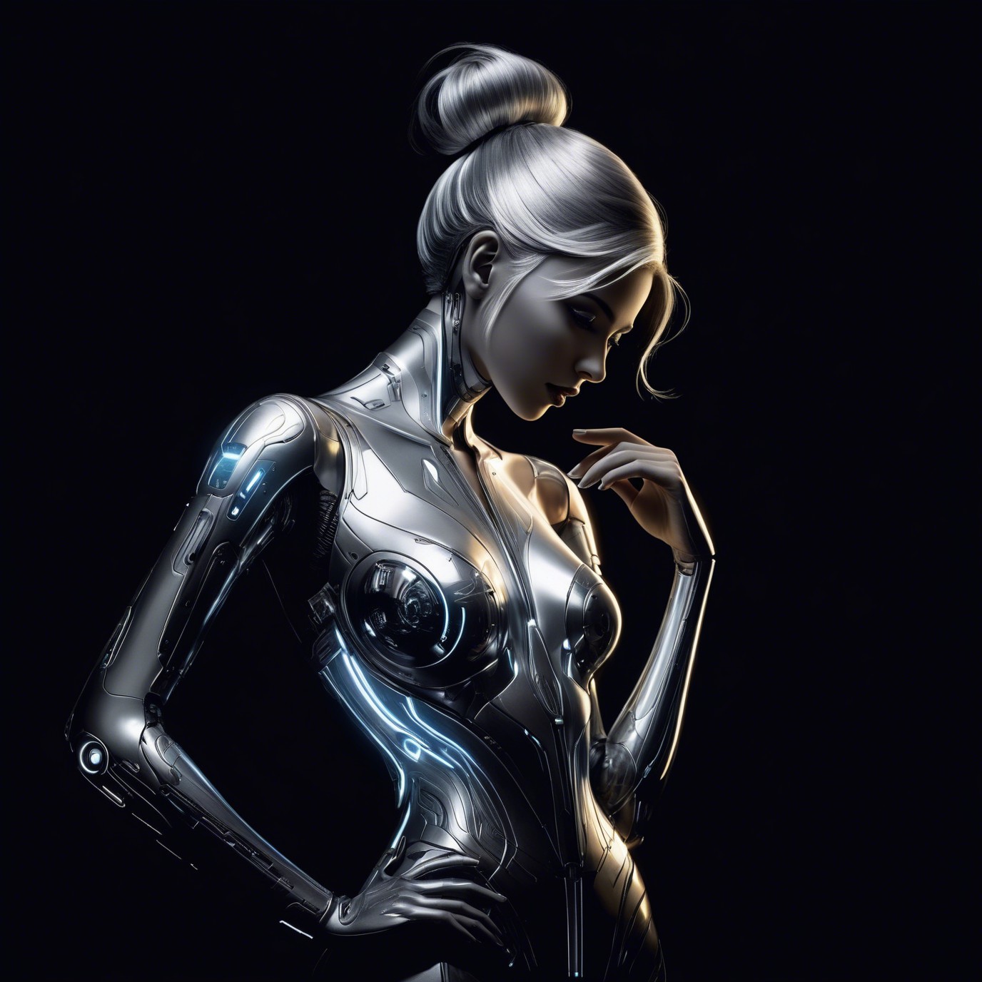 Futuristic humanoid robot with metallic skin and elegance