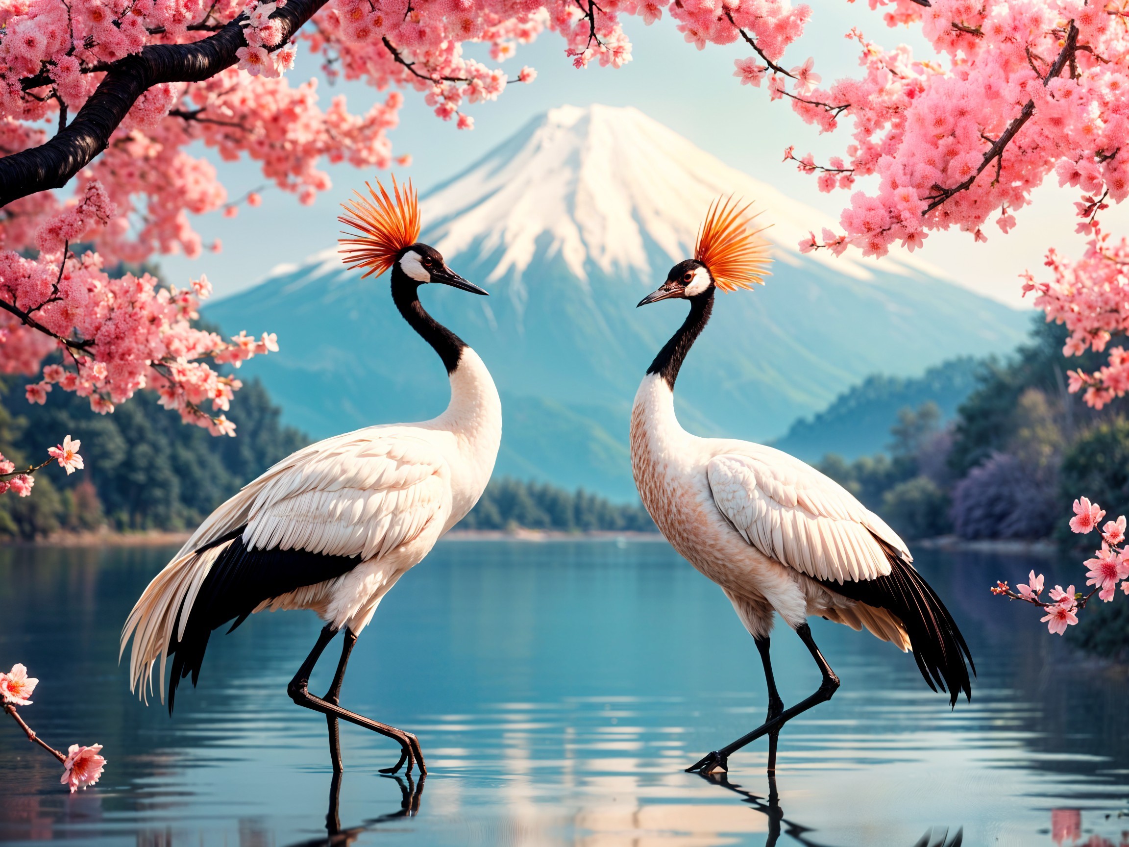 Cranes by Lake Surrounded by Cherry Blossoms and Mountains