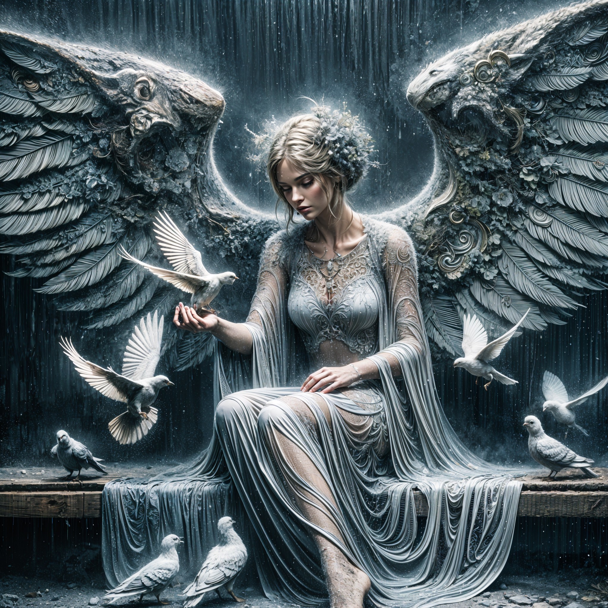 Serene figure in shimmering gown with majestic wings