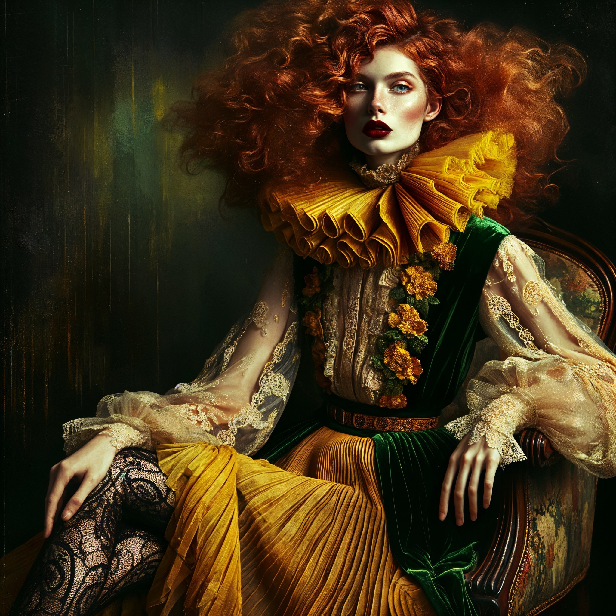 Elegant Woman in Vintage Chair with Dramatic Outfit