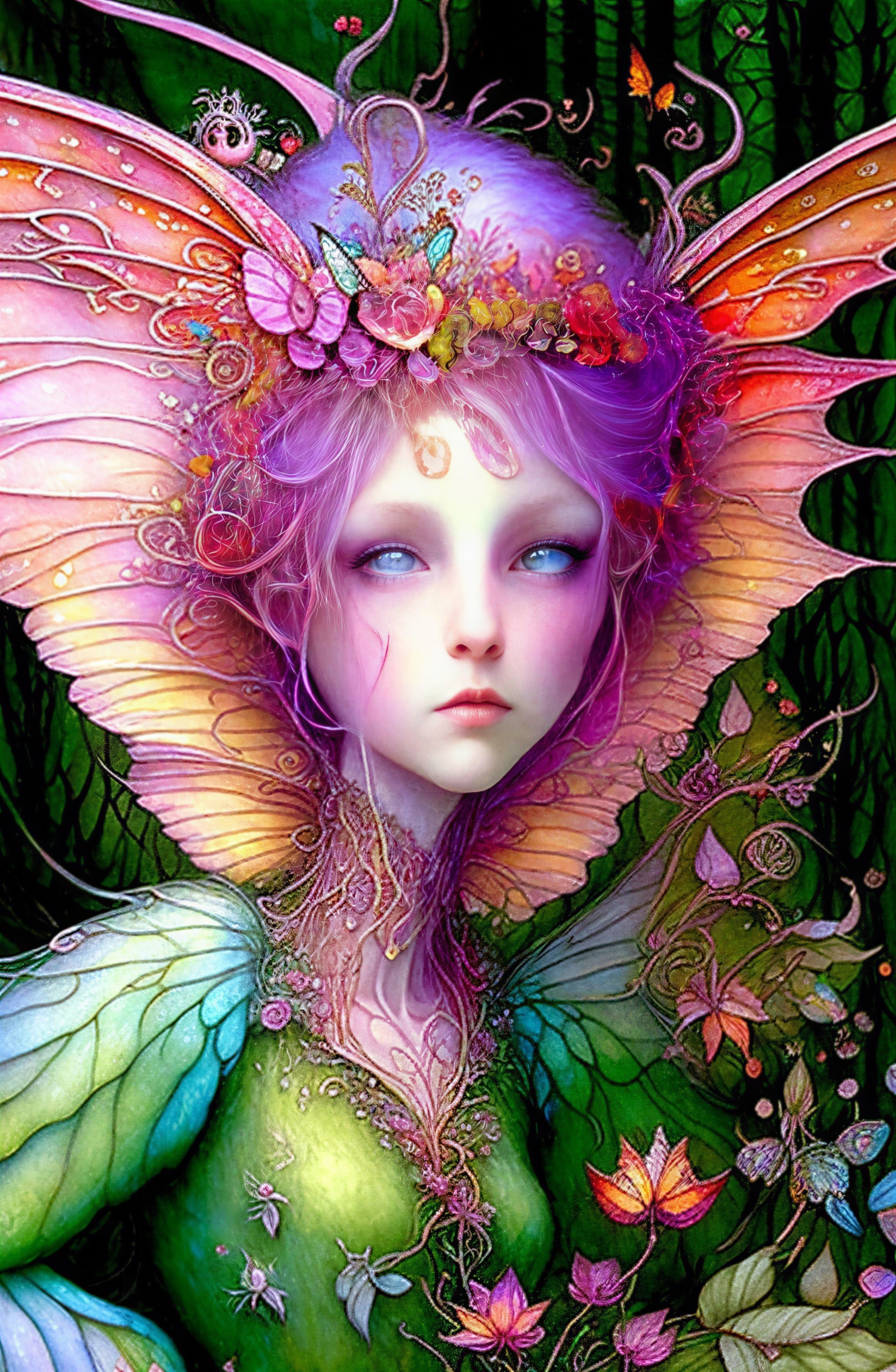 Fantastical figure with butterfly wings in enchanted forest