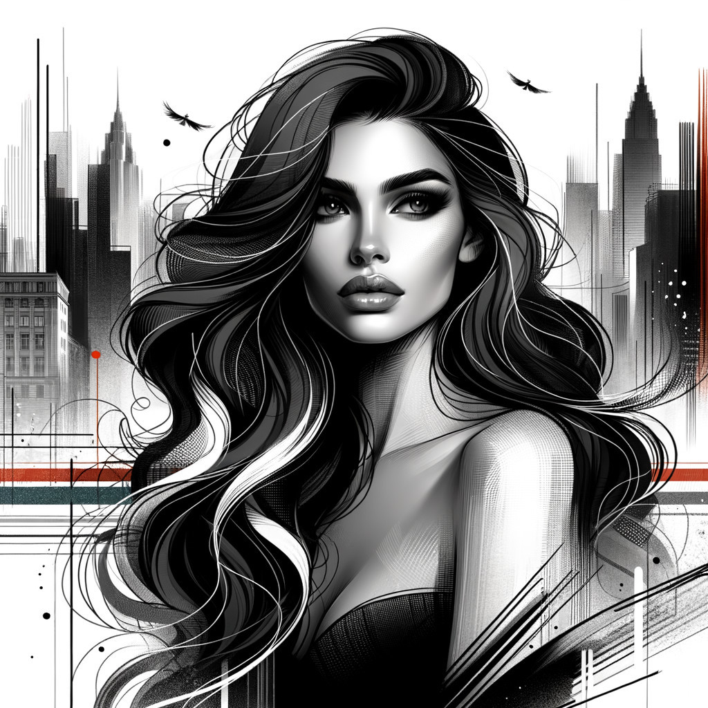 Black-and-white illustration of a confident woman in cityscape