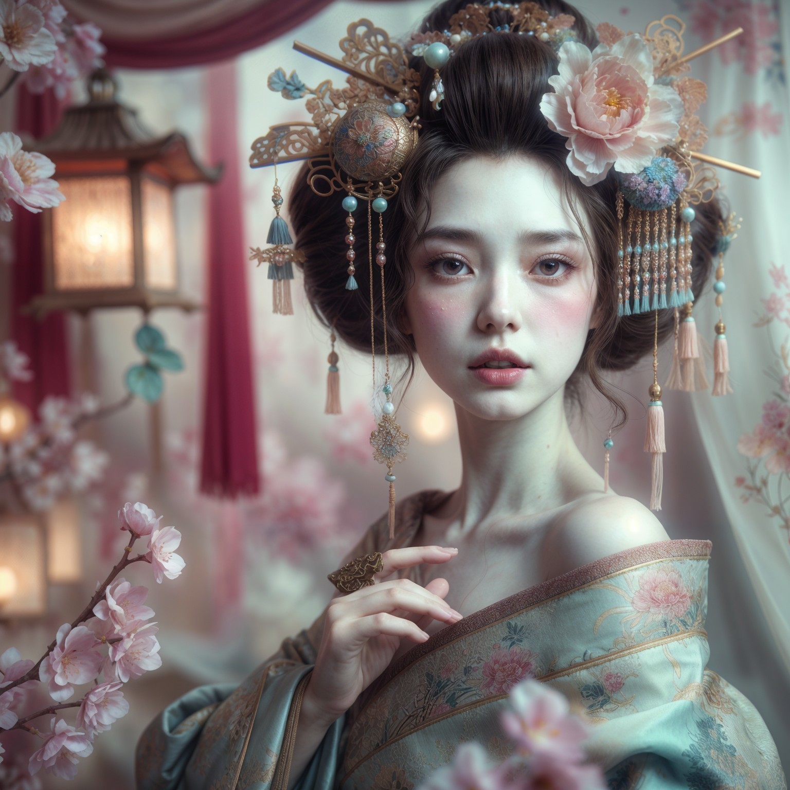 Young Woman in Kimono with Floral Patterns and Lanterns