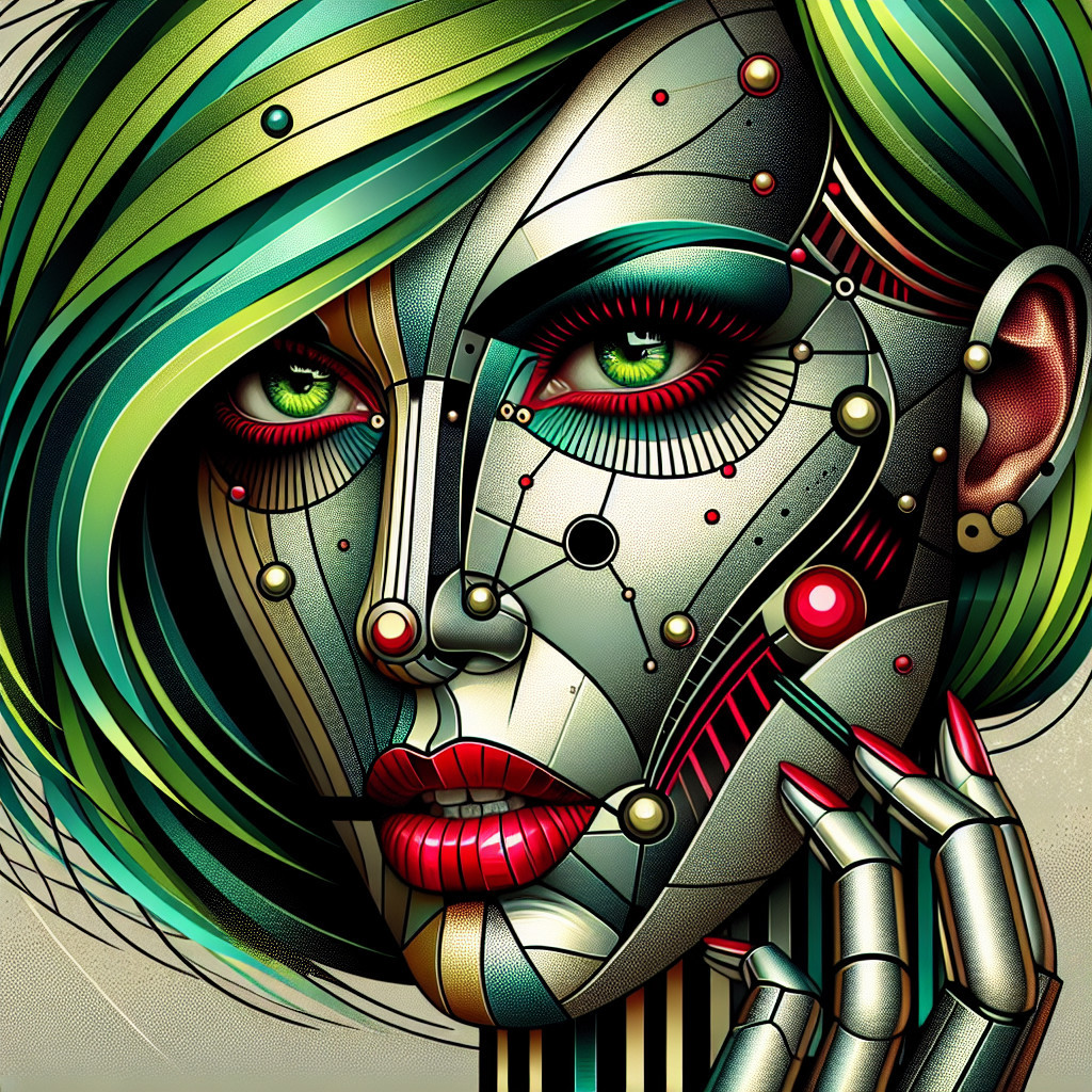 Stylized Robotic Face with Geometric Patterns and Colors