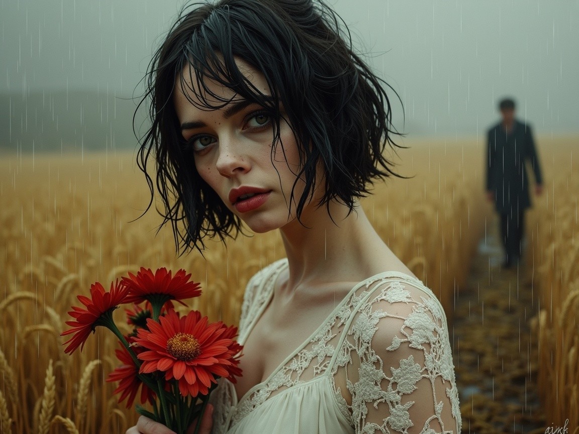 Young Woman in Wheat Field with Red Gerbera Daisies