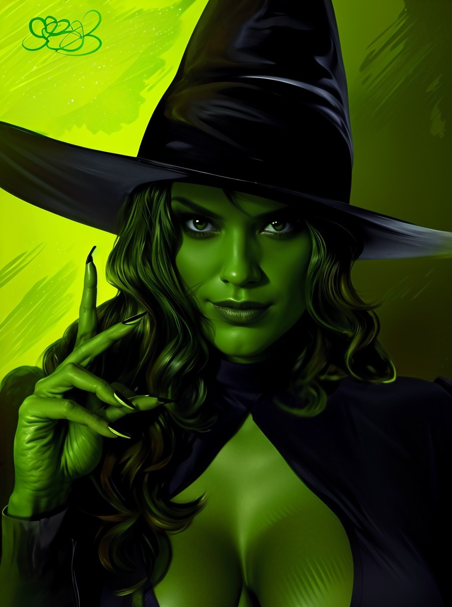 Witch with Green Skin and Classic Black Hat Design