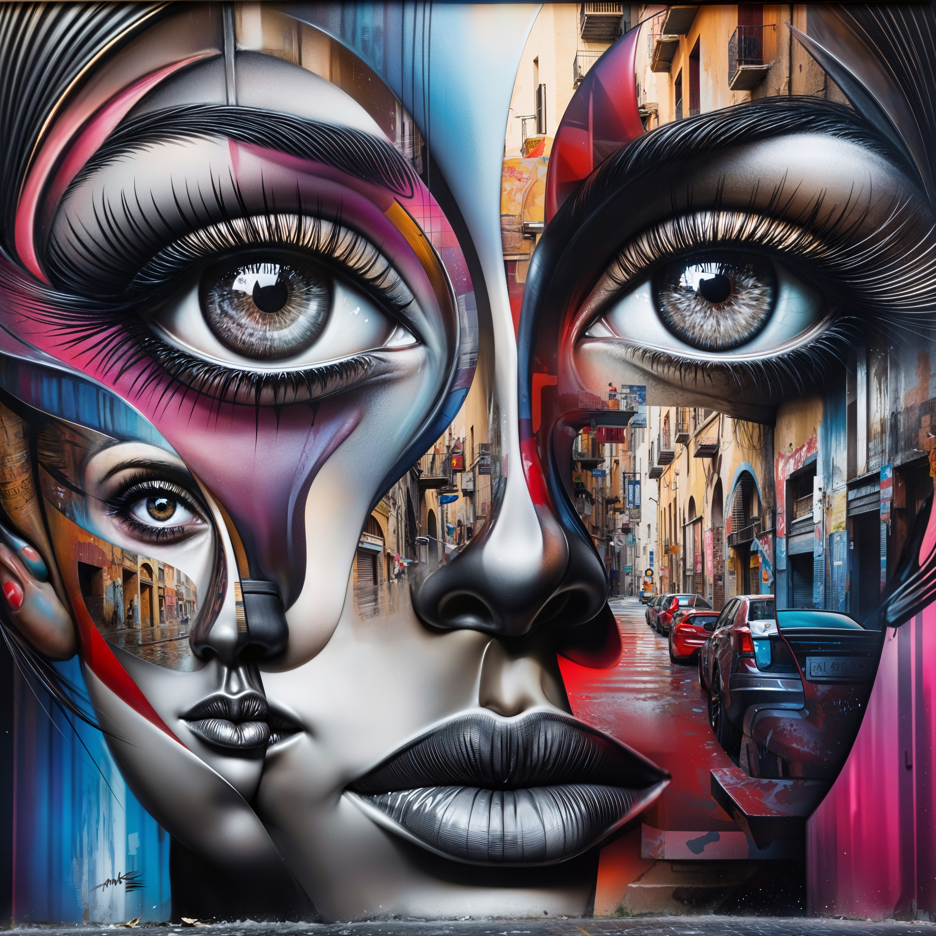 Vibrant mural with human faces and abstract elements
