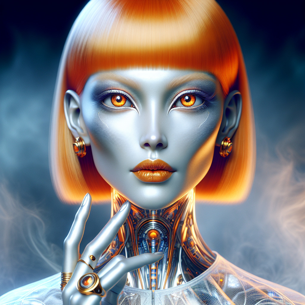 Futuristic humanoid figure with metallic features and orange hair