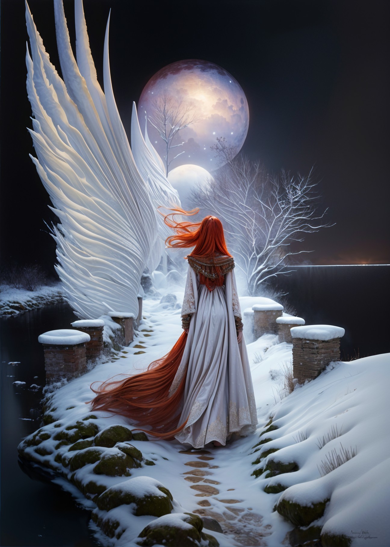 Ethereal figure in white gown on snowy path with wings
