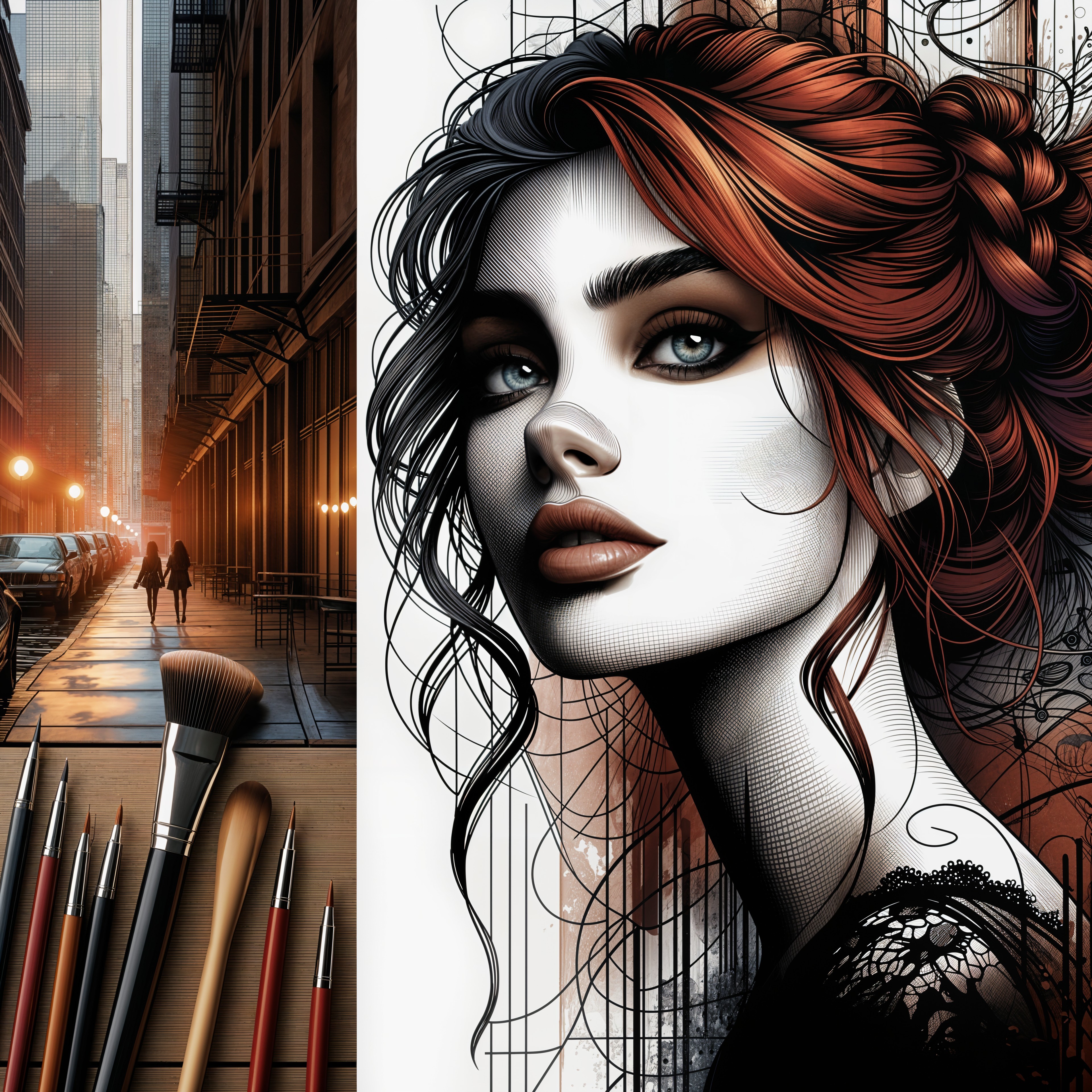 Split-Panel Artwork with Cityscape and Portrait Details
