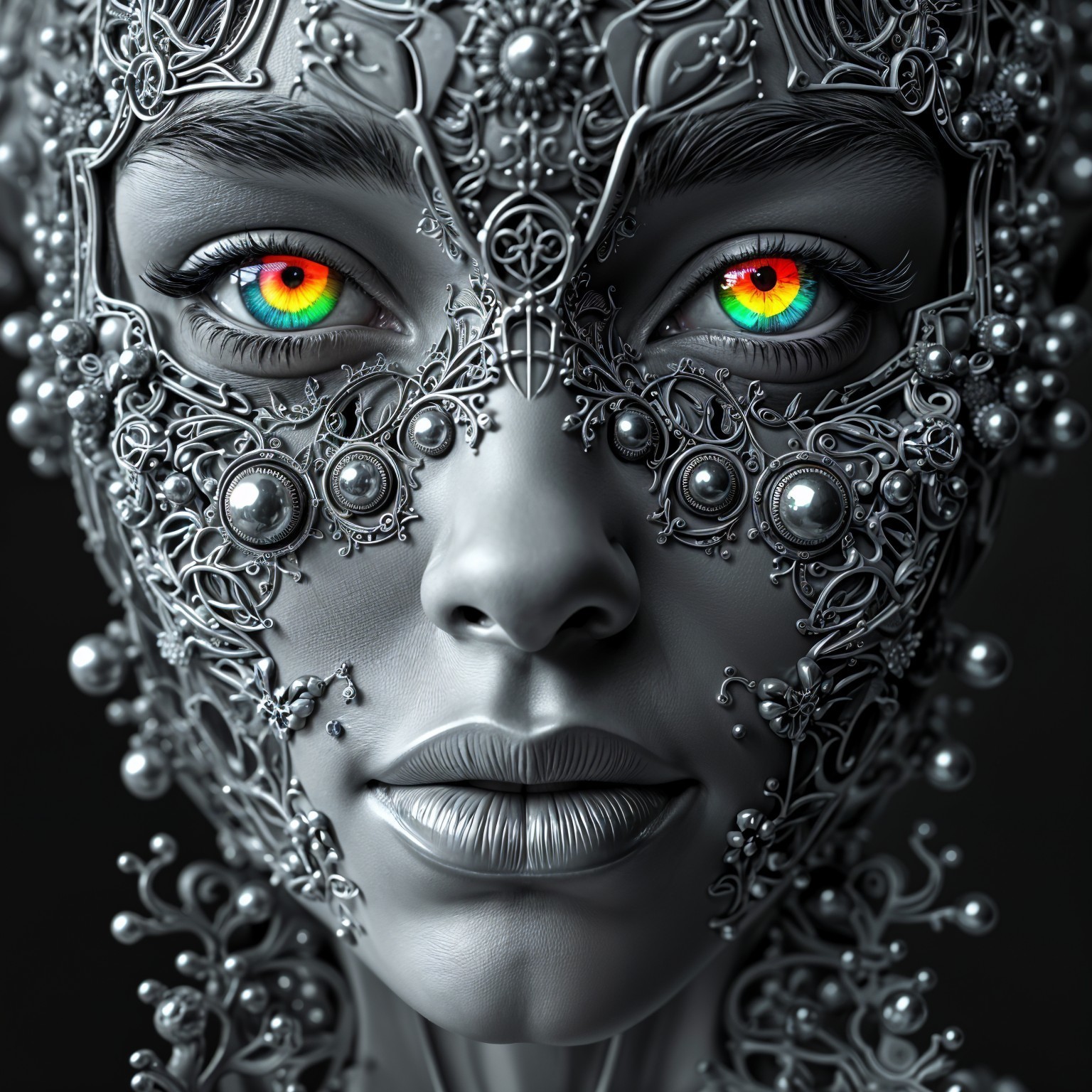 Futuristic Face Design with Metallic Patterns and Eyes