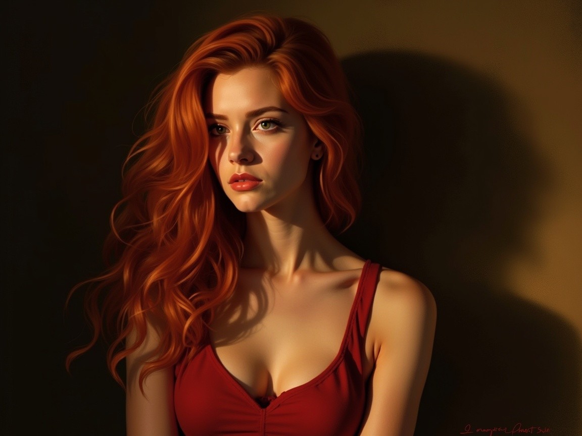 Young woman with red hair and green eyes in soft light