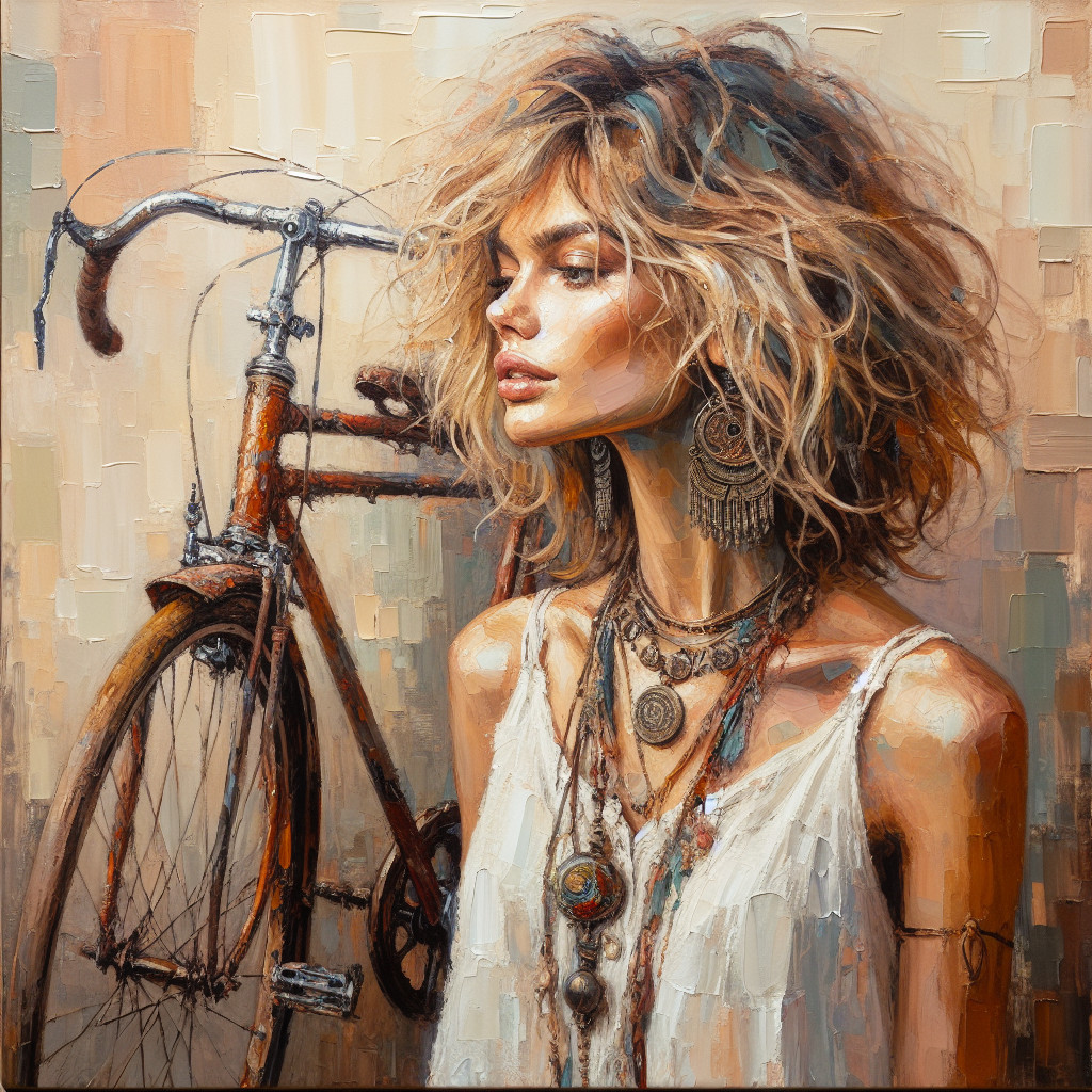 Bohemian Woman with Vintage Bicycle in Earthy Tones