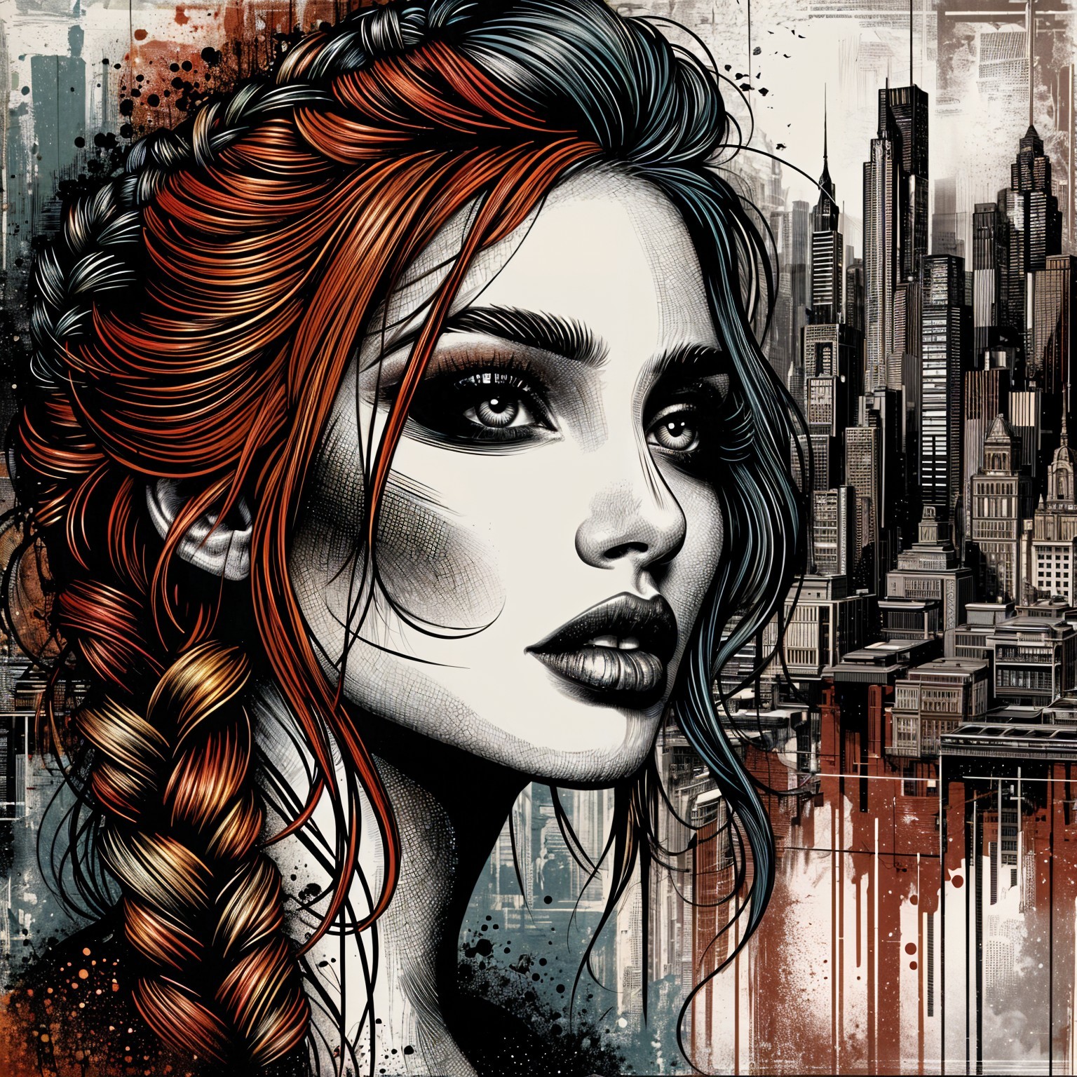 Portrait of a Woman with Braided Hair and Urban Skyline