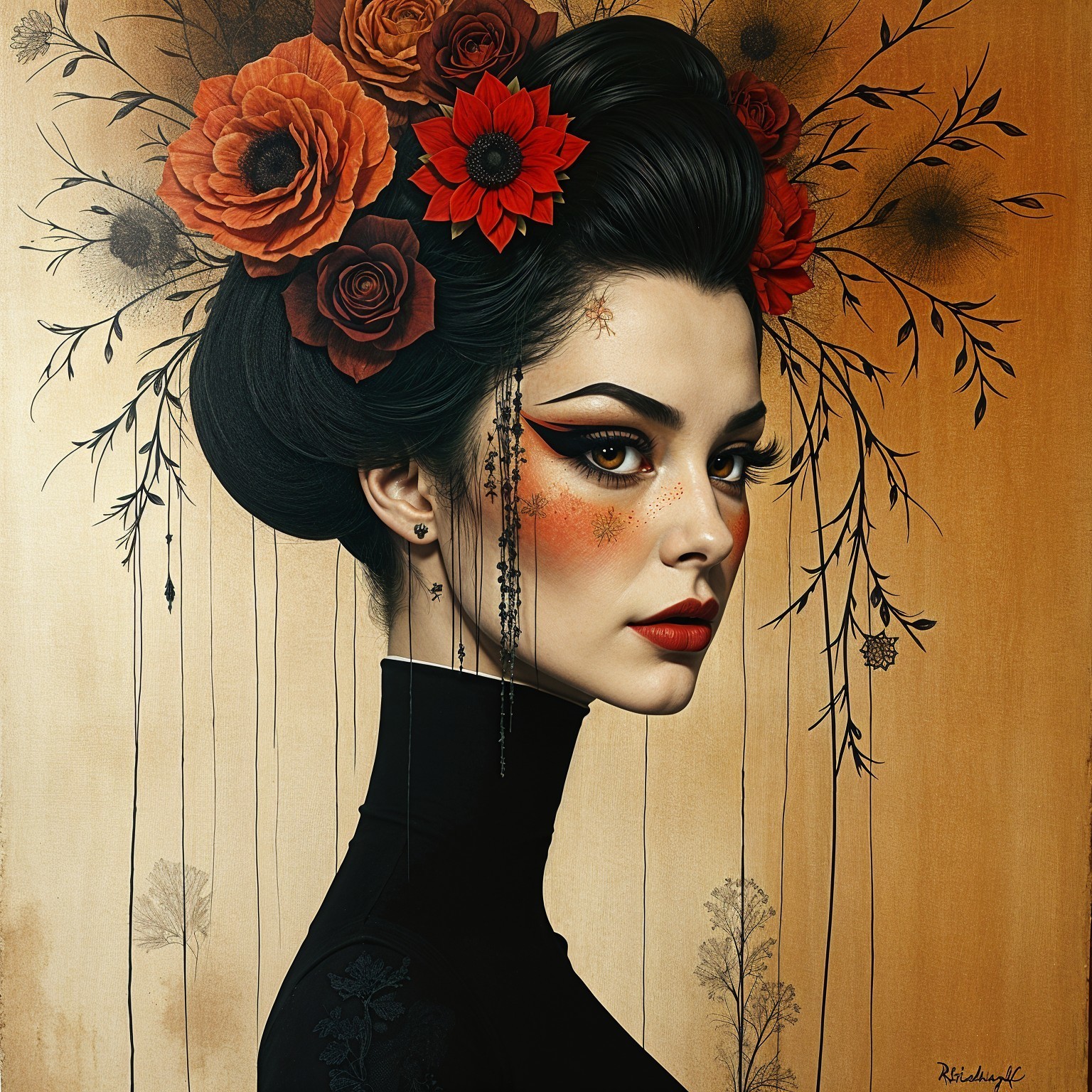 Portrait of a Woman with Floral Hair and Dramatic Makeup