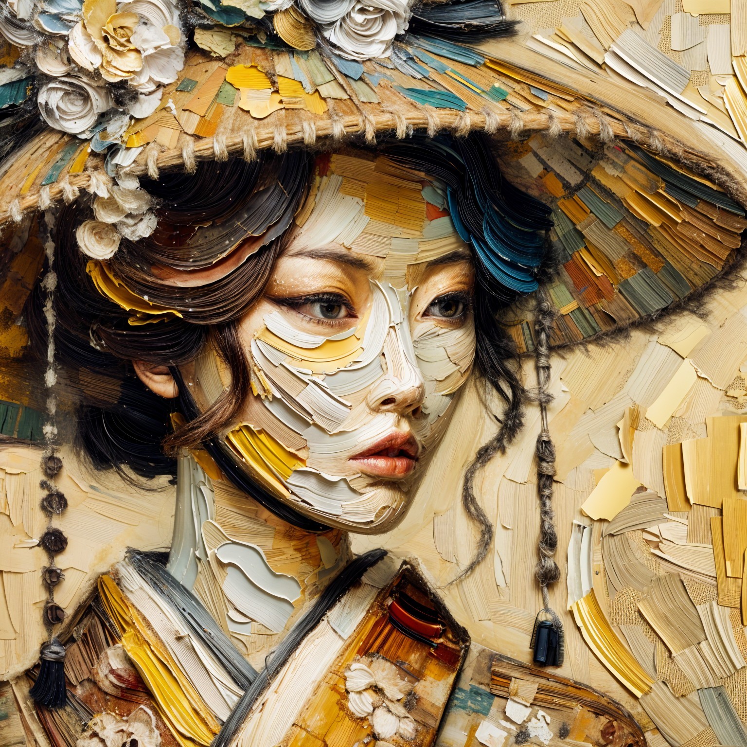 Woman in Traditional Kimono with Decorative Hat