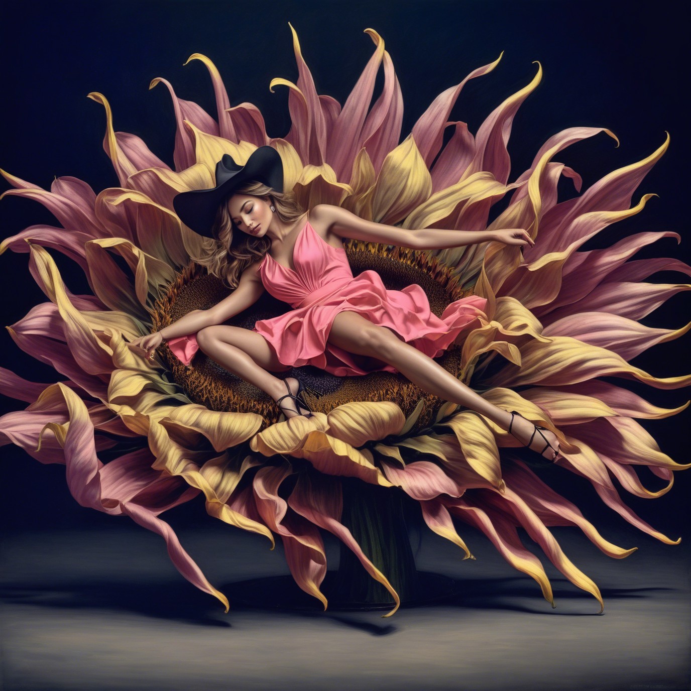 Woman in Pink Dress Reclining in Sunflower Scene