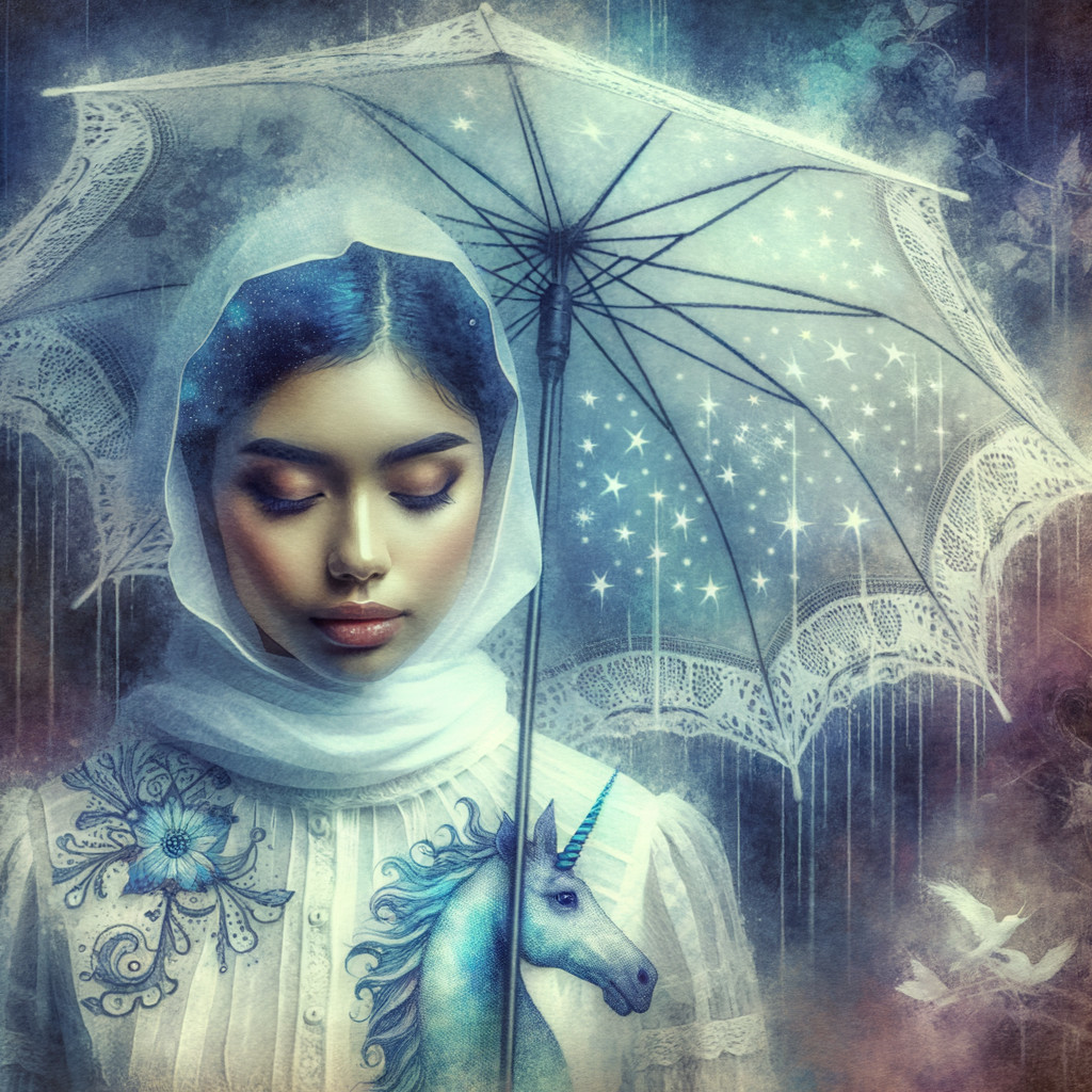 Serene Woman with Lace Umbrella and Floral Blouse