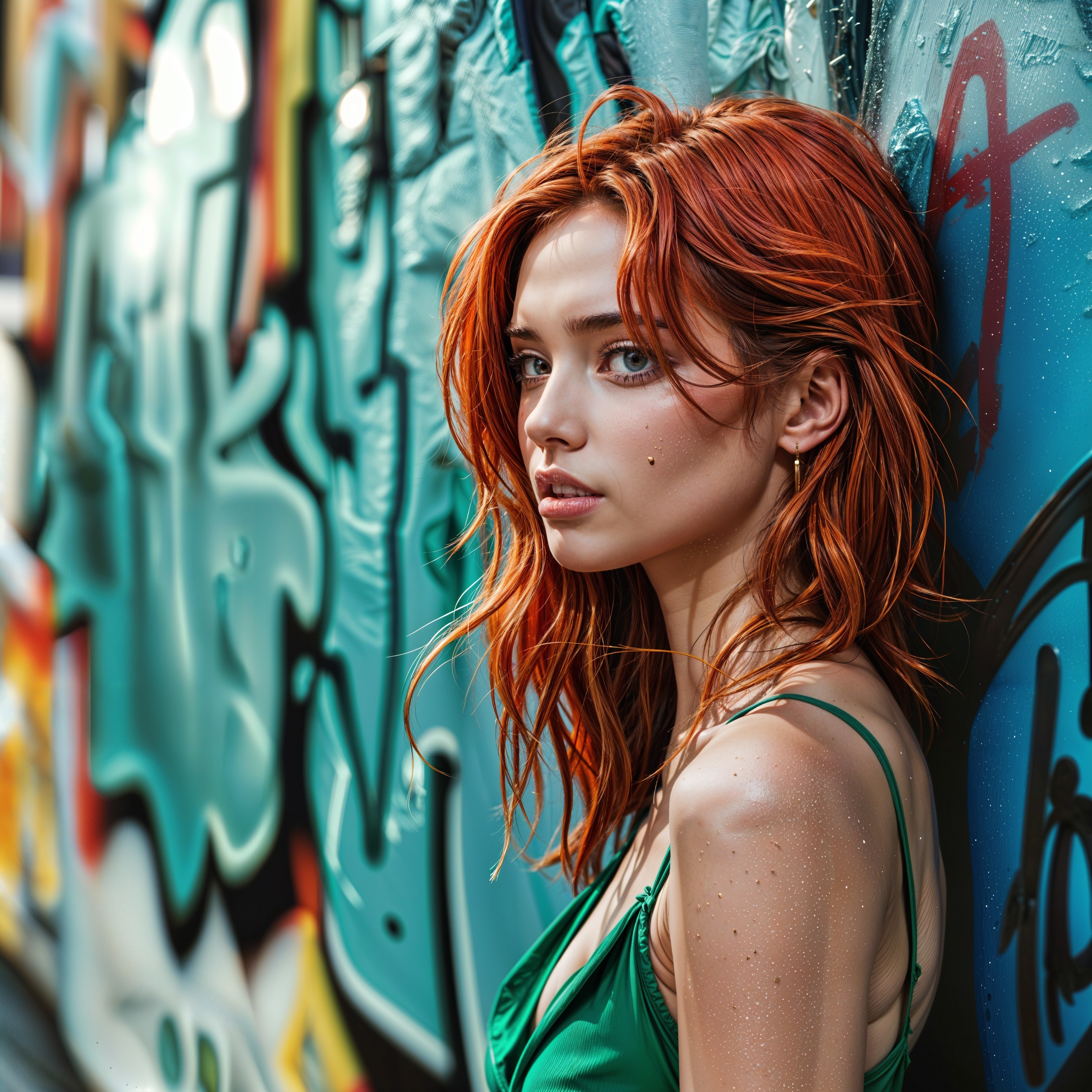 Young Woman with Red Hair Against Graffiti Wall