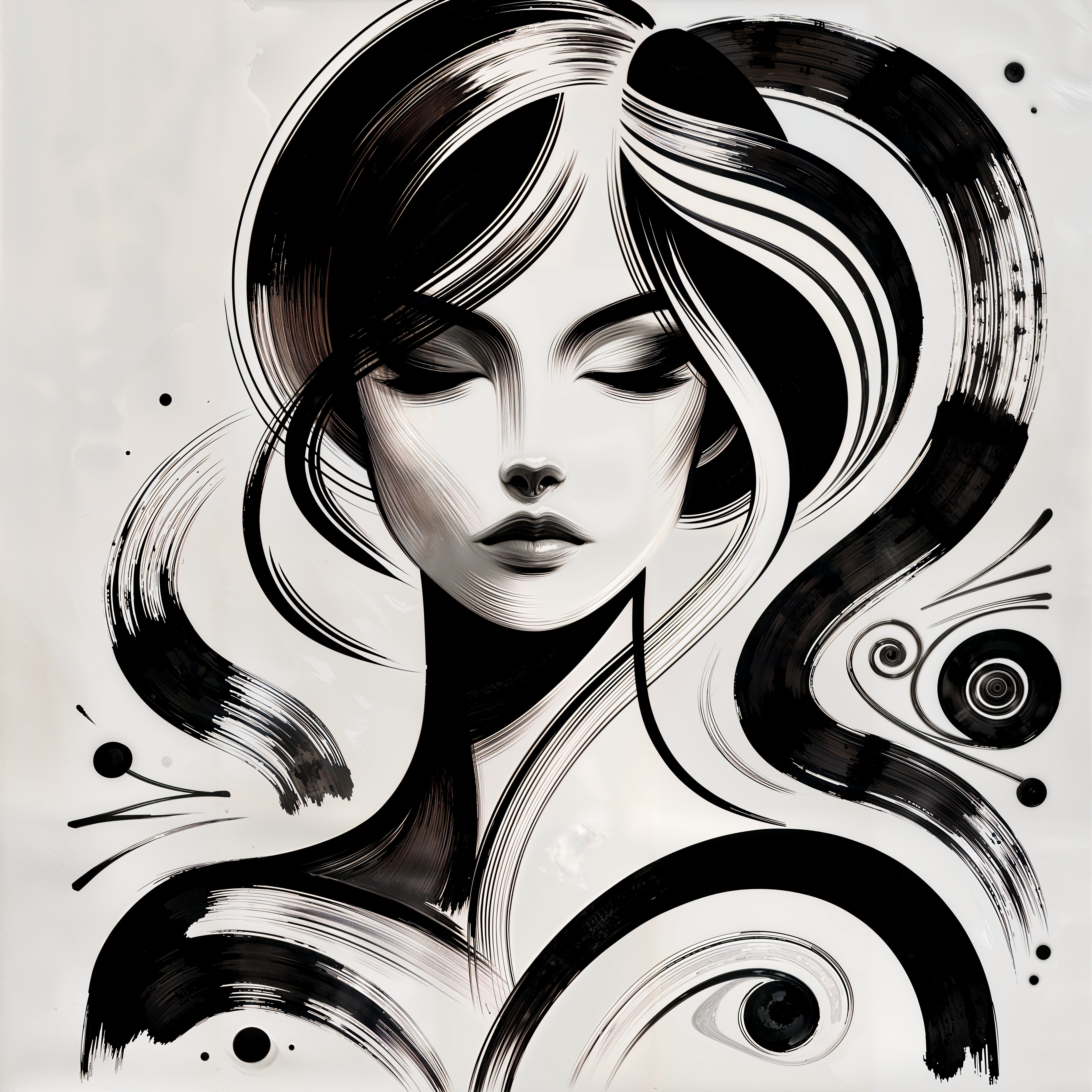 Digital Ink Drawing of a Woman's Face and Hair