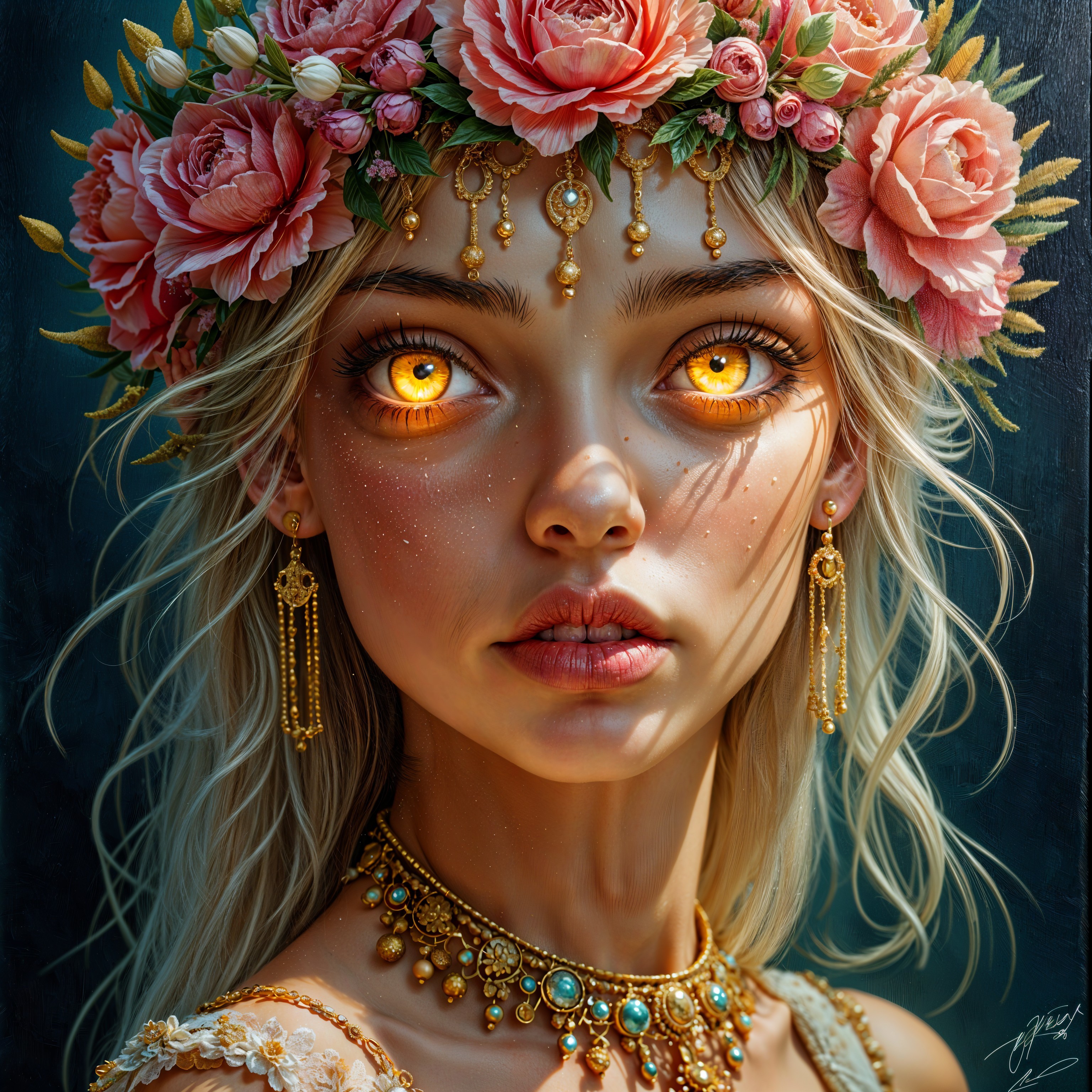 Young woman with golden eyes and rose crown