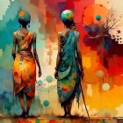Two women in colorful patterned garments walking away