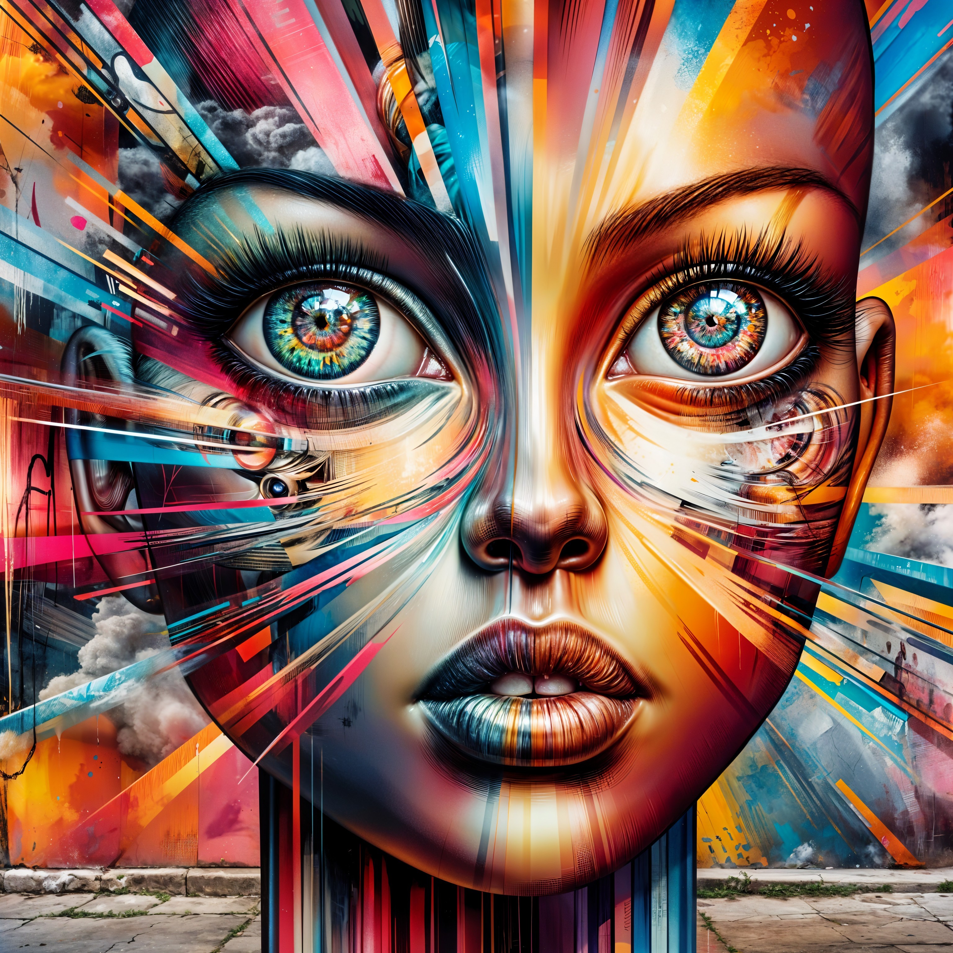 Colorful Mural Featuring Expressive Face and Eyes