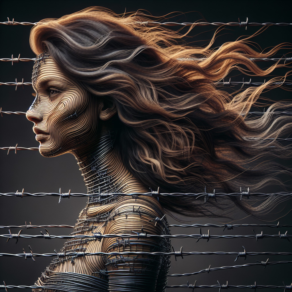Stylized Female Figure Behind Barbed Wire with Metal Hair
