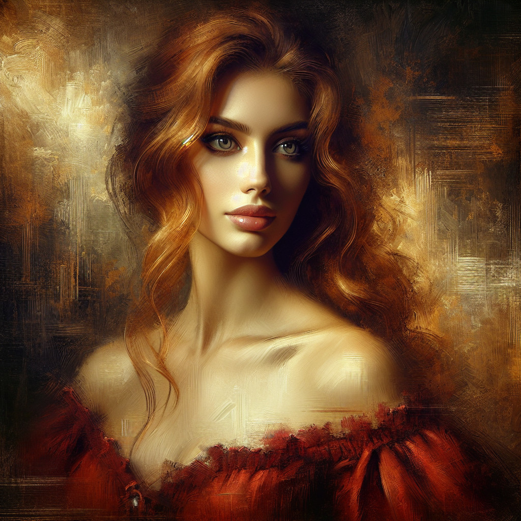 Portrait of a Young Woman in Red Dress and Auburn Hair